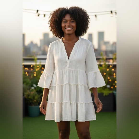 Lands' End Women’s Cream 3/4 Sleeve Appliqué Button Bodice Tiered Dress Size L - Picture 1 of 10